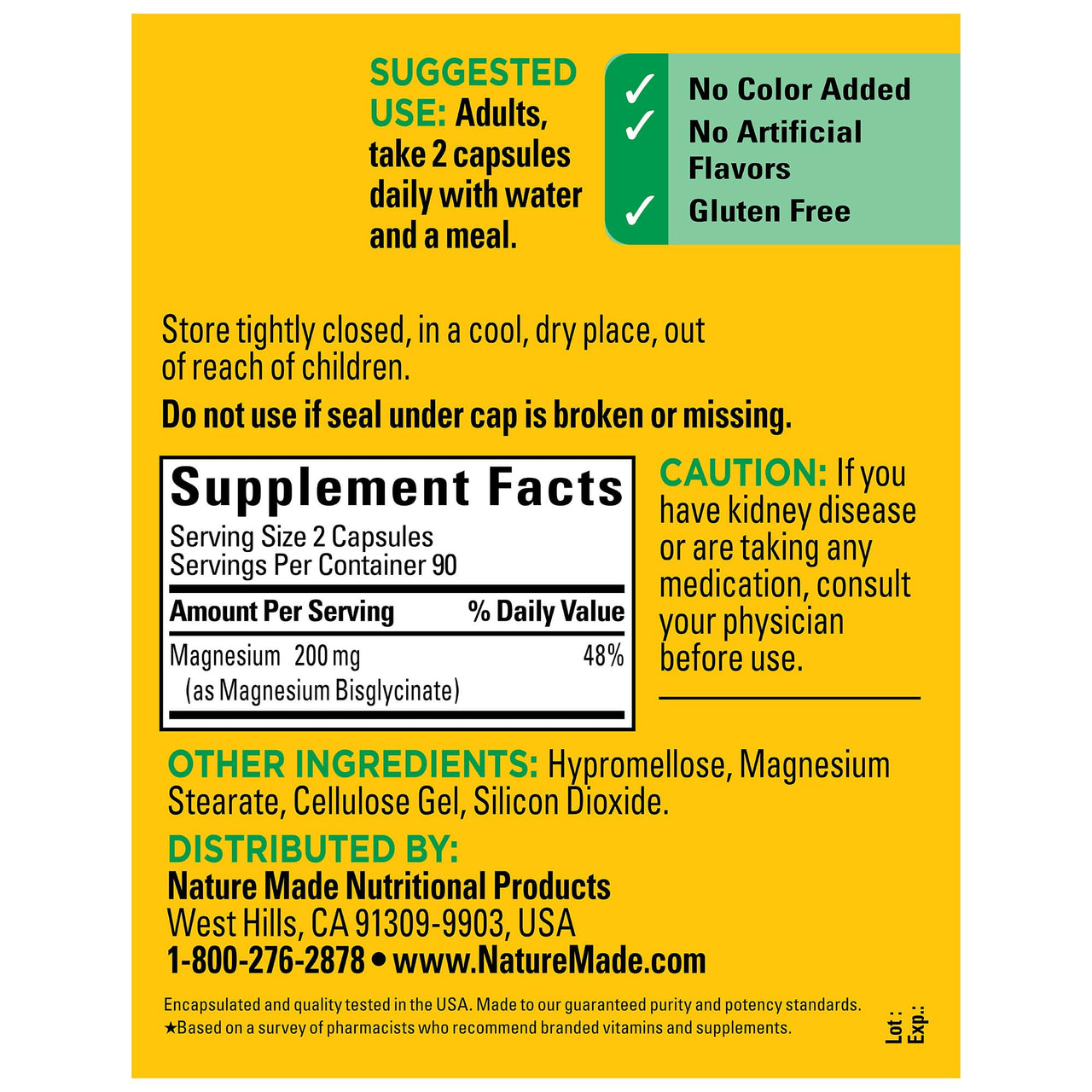 Nature Made Magnesium Glycinate 200 mg per serving, Magnesium Supplement for Muscle, Heart, Nerve and Bone Support, 180 Magnesium Bisglycinate Capsules, 90 Day Supply