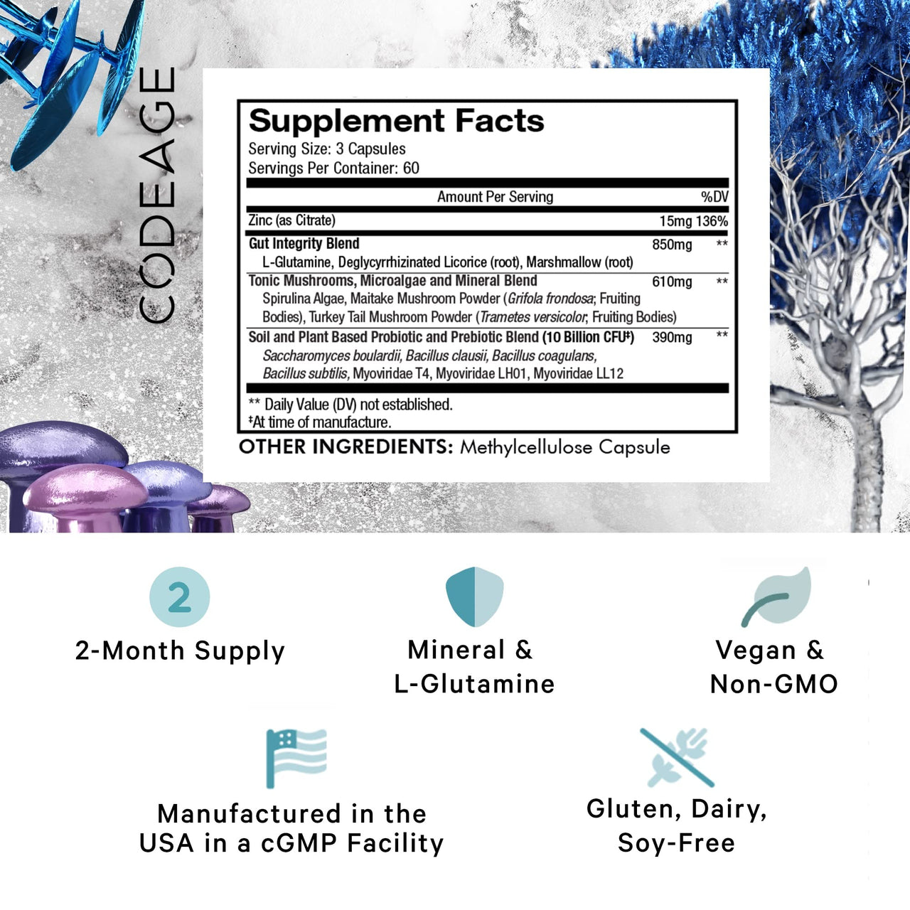 Codeage Gut Health Supplements Vegan Formula - L Glutamine, Zinc, Turkey Tail Mushroom Powder, Tonic Mushroom, Maitake, Micro Algae, Mineral, Licorice Root DGL - Probiotics, Prebiotics - 2 Pack
