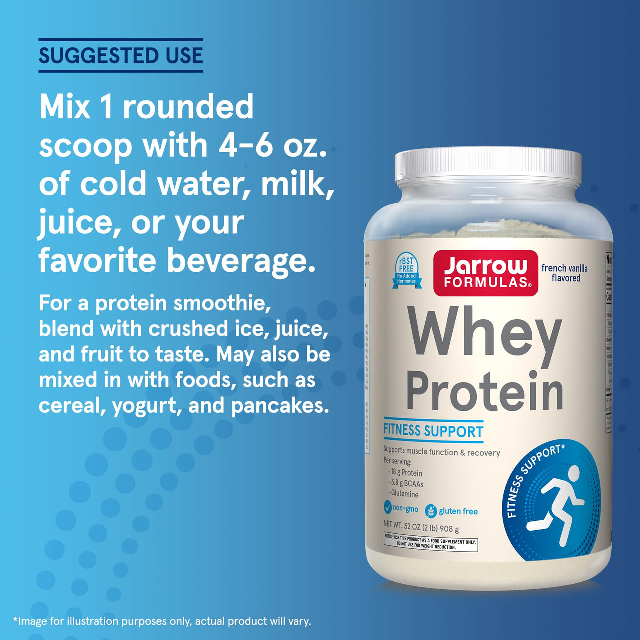 Jarrow Formulas Whey Protein with 18 g of Protein, 3.8 g of BCAAs, & Glutamine, Dietary Supplement for Muscle Function & Recovery Support, 32 oz Vanilla Flavored Powder, Approximately 36 Day Supply