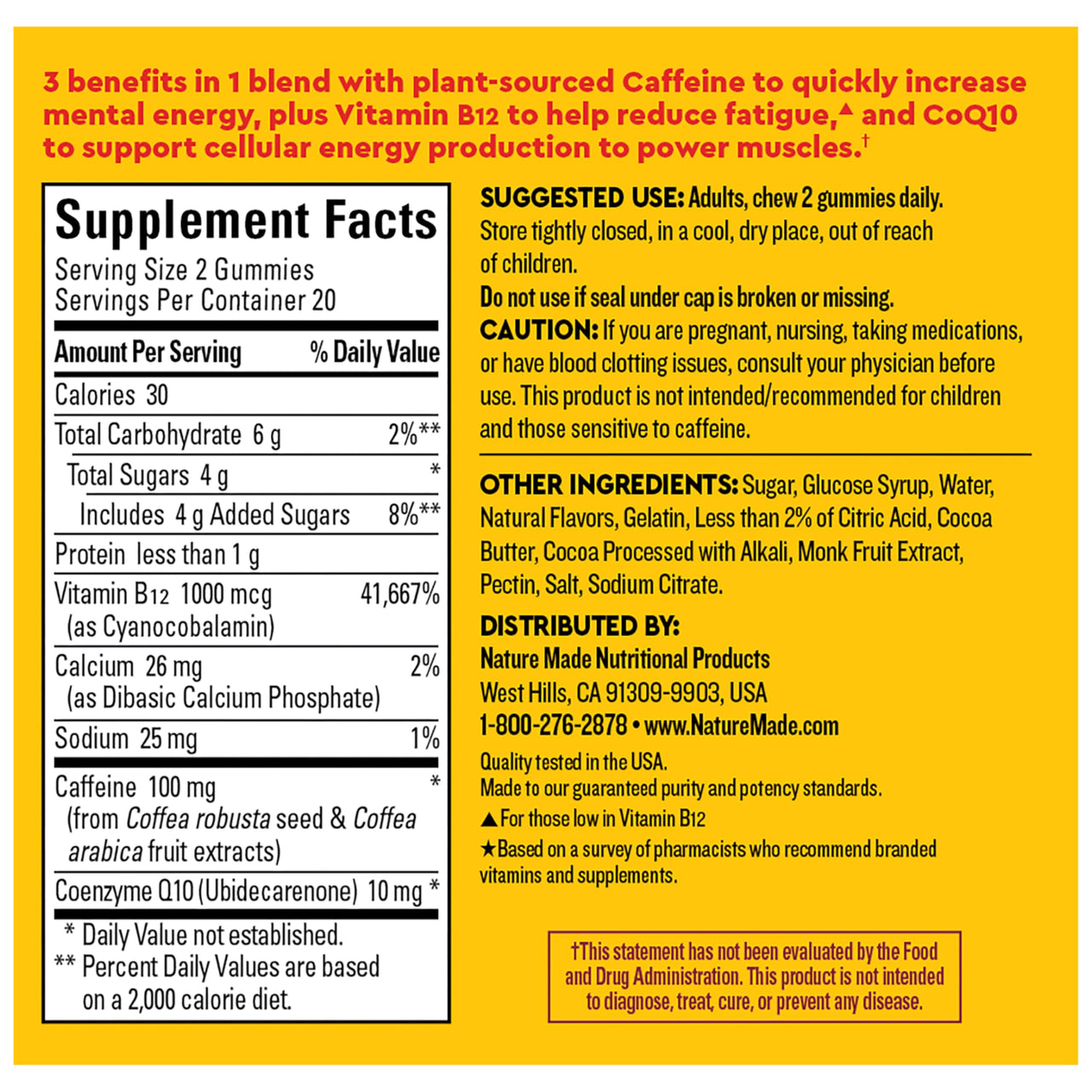 Nature Made Wellblends EnergyMAX Gummies, Fast Acting Caffeine, CoQ10 & Vitamin B12 1000mcg, Energy Support Gummy Vitamins, Nature Made Gummies, 40 Count