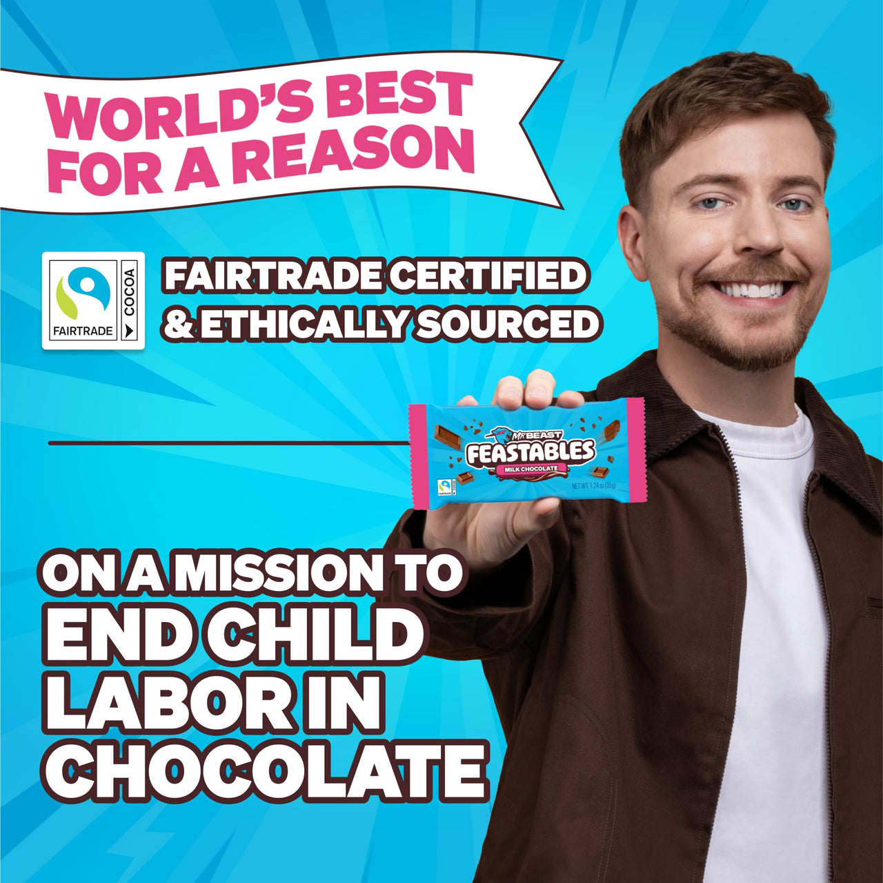 MrBeast Feastables Milk Chocolate Bar, Full Size, 5 Count, Smooth & Creamy Milk Chocolate Candy, Fairtrade Cocoa, 1.24oz Each
