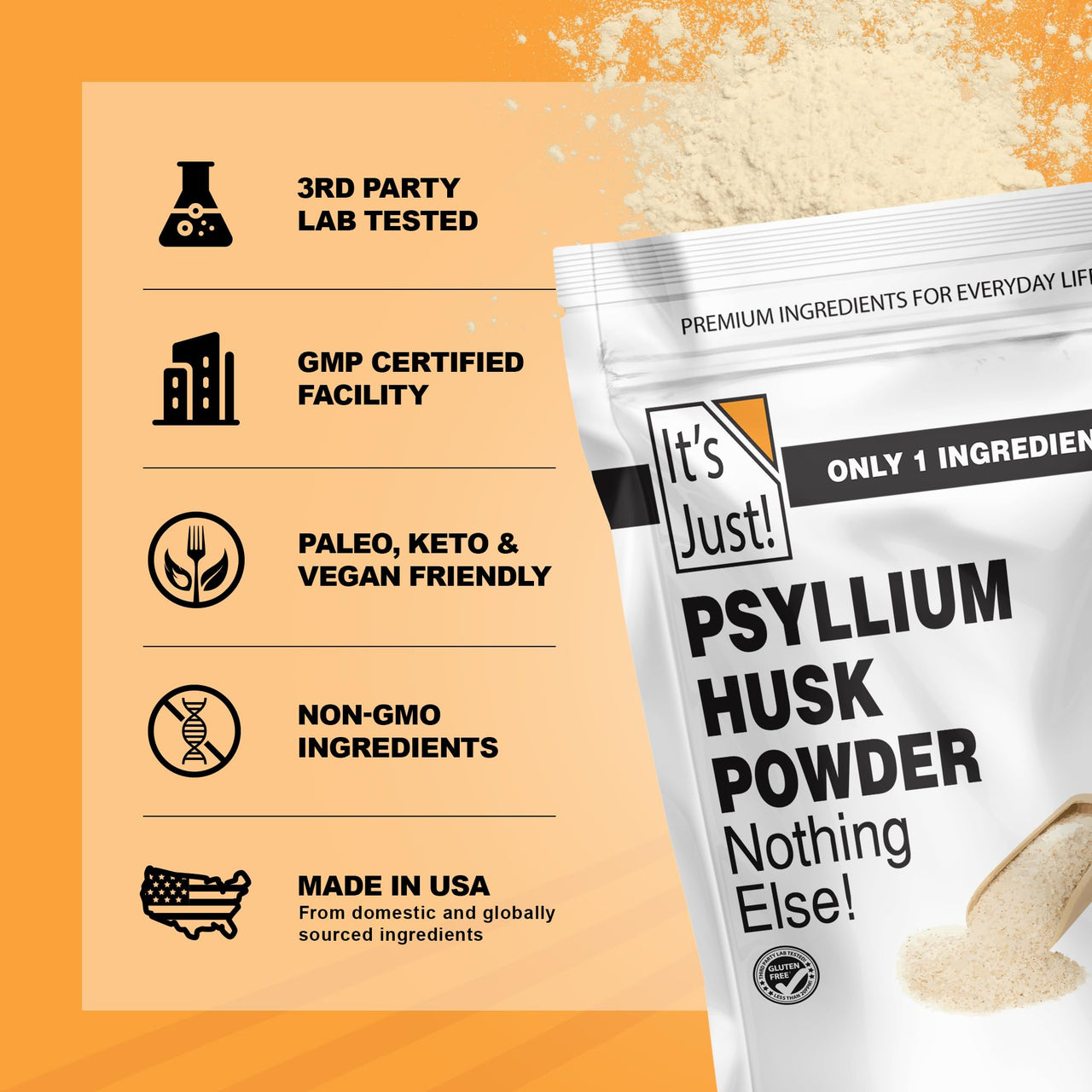 It's Just! - Psyllium Husk Powder, Easy Mixing Dietary Fiber, Cleanse Your Digestive System, Finely Ground Powder, Ideal for Keto Baking, Non-GMO (Unflavored, 10oz (Pack of 1))