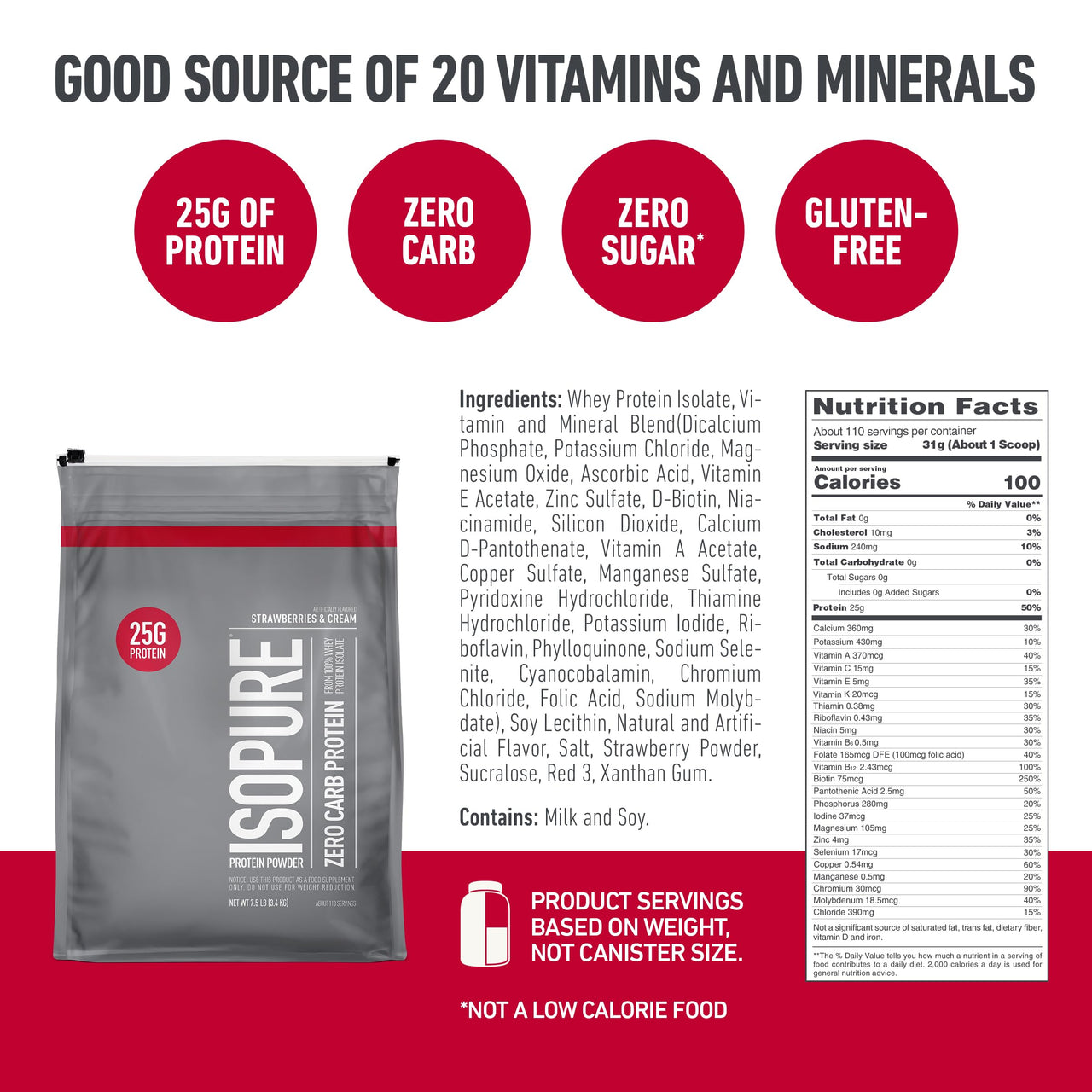 Isopure Zero Carb 100% Pure Whey Isolate Protein Powder, Gluten Free, With Vitamins, Strawberries & Cream, 25g Protein Per Serving, 7.5 Lbs, 110 Servings (Packaging May Vary)