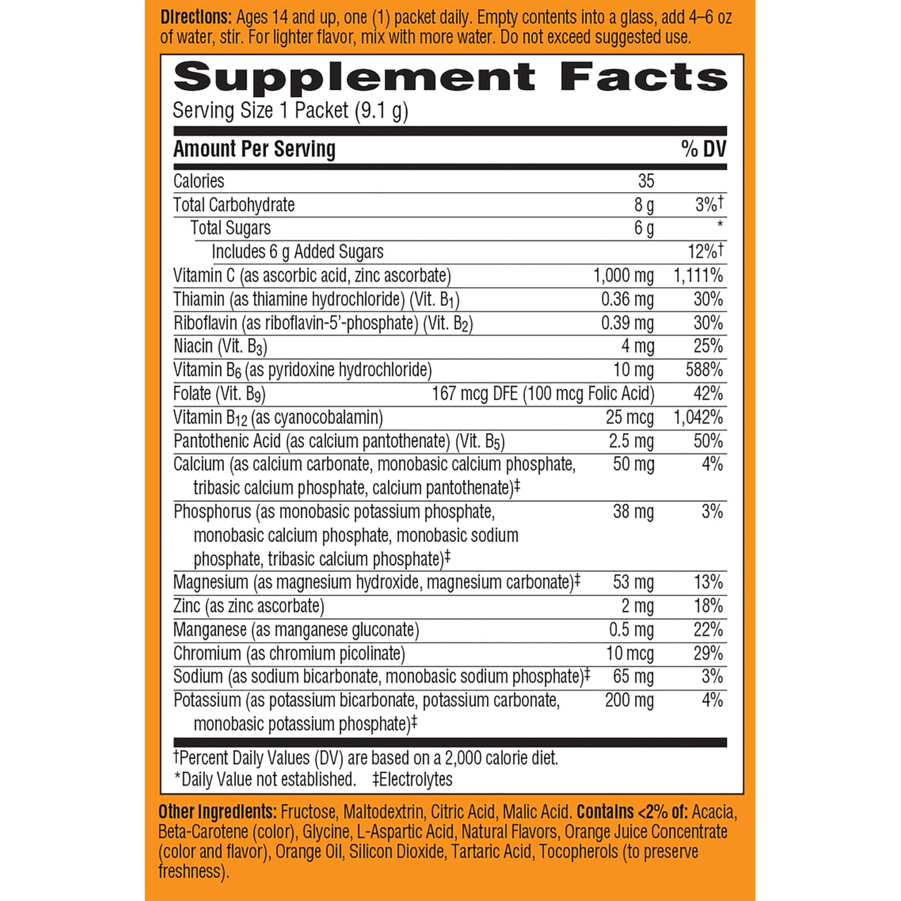 Emergen-C 1000mg Vitamin C Powder for Daily Immune Support Caffeine Free Vitamin C Supplements with Zinc and Manganese, B Vitamins and Electrolytes, Super Orange Flavor - 10 Count