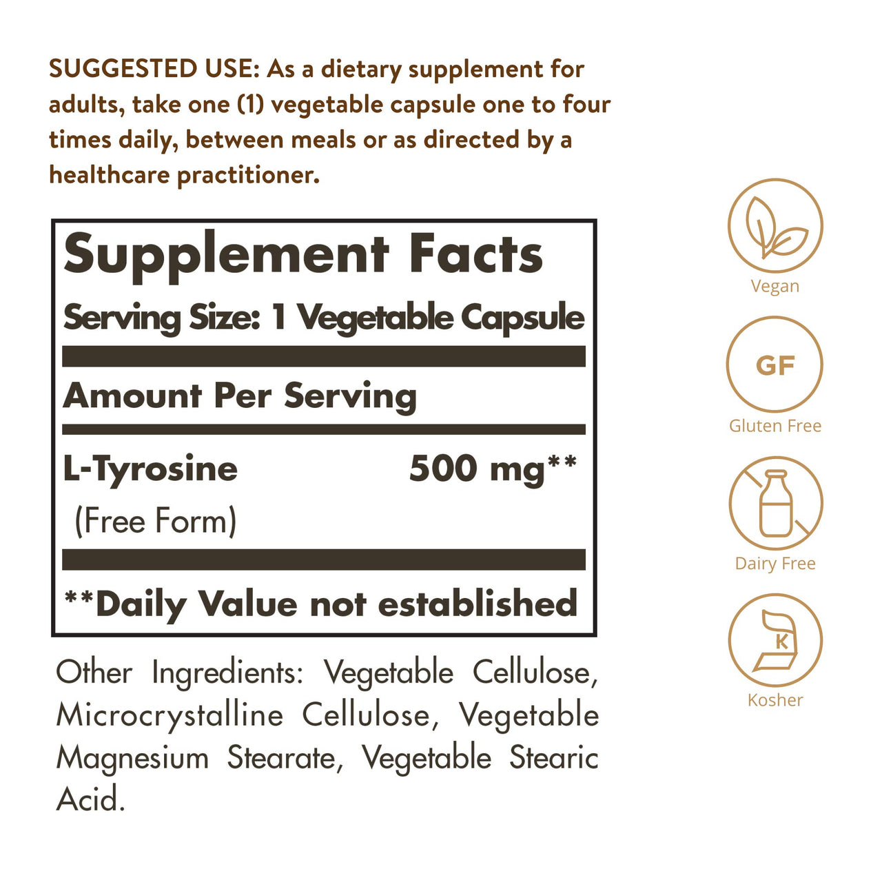 Solgar L-Tyrosine 500 mg, 100 Vegetable Capsules - Brain & Nervous System Support - Vegan, Gluten Free, Dairy Free, Kosher - 100 Servings,Standard Packaging