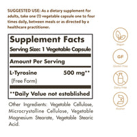 Thumbnail for Solgar L-Tyrosine 500 mg, 100 Vegetable Capsules - Brain & Nervous System Support - Vegan, Gluten Free, Dairy Free, Kosher - 100 Servings,Standard Packaging