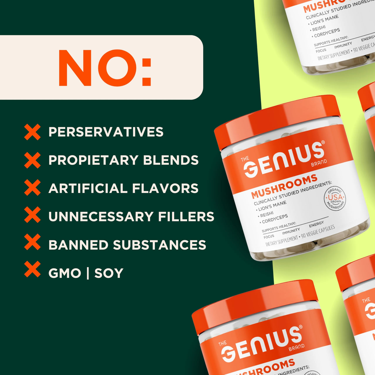 Genius Mushroom Supplement - Full-Spectrum Lion’s Mane, Cordyceps, Reishi -Daily Brain Nootropic for Energy, Focus, Memory & Overall Wellness - 180 Capsules – Organic for Mental Clarity & Performance
