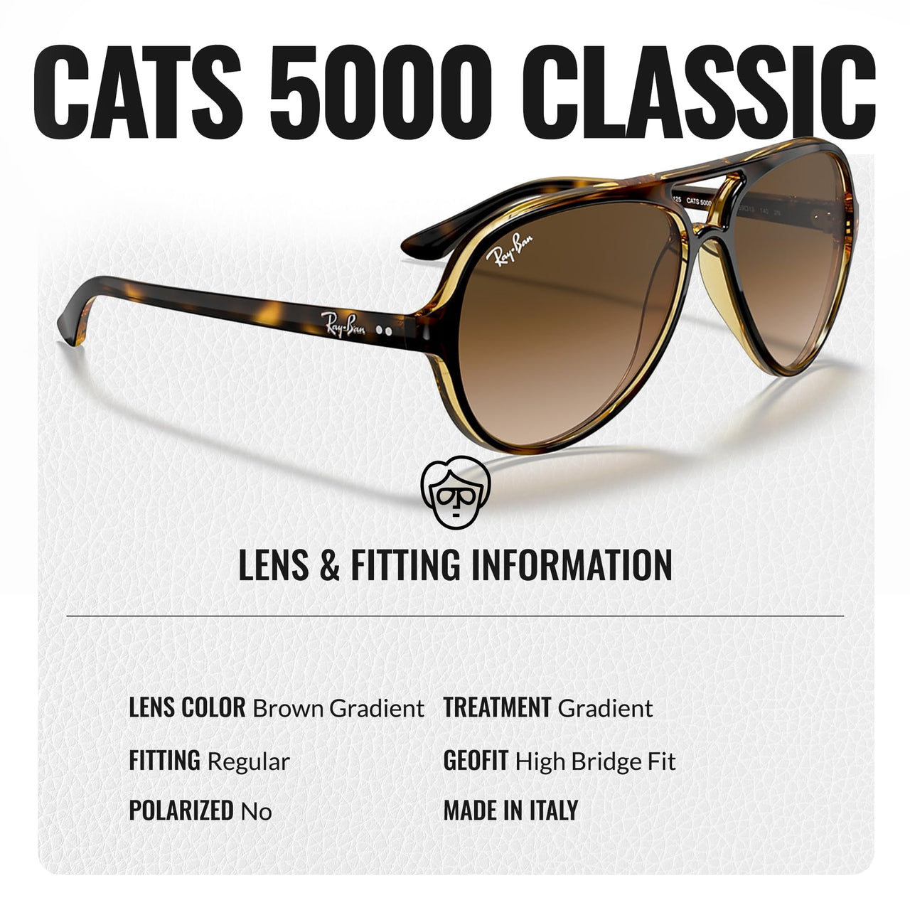 Ray-Ban RB4125 CATS 5000 CLASSIC Pilot Shaped Non-Polarized Sunglasses for Men – Includes Official RAYBAN Eyewear Kit – Ideal Formal & Casual Wear Sunglasses – Light Brown Gradient Lens