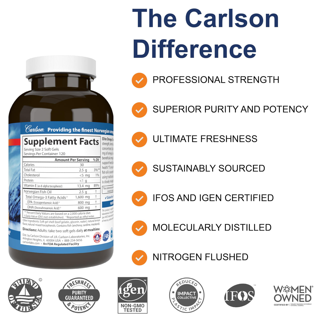 Carlson Elite Omega-3 Gems, 1600 mg Omega-3 with EPA & DHA, Lemon Flavor, 240 Softgels – Wild-Caught Norwegian Fish Oil, Sustainably Sourced