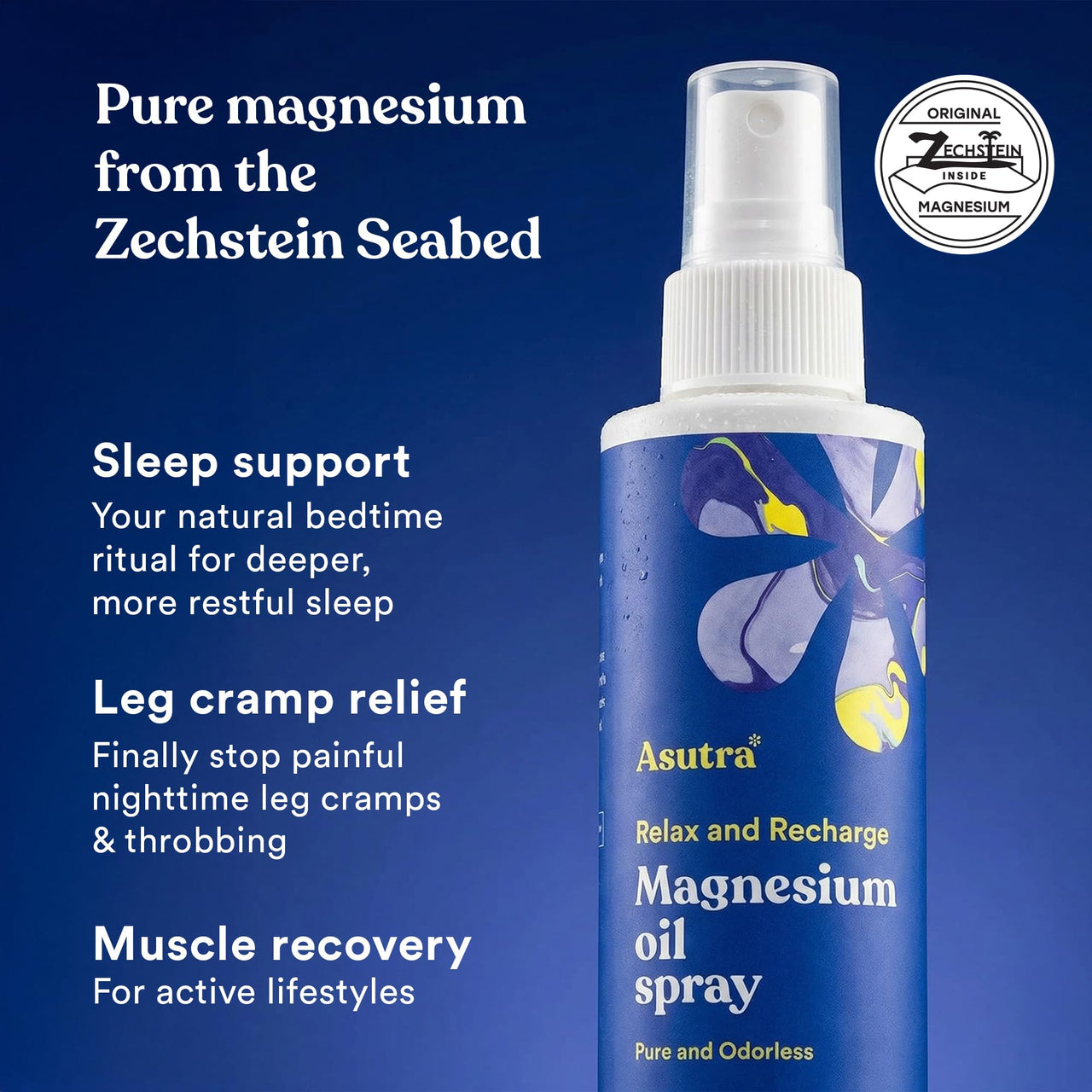 ASUTRA Magnesium Oil Spray, 4 fl oz - Magnesium Spray for Leg Cramps, Pain Relief Derived from Zechstein Seabed