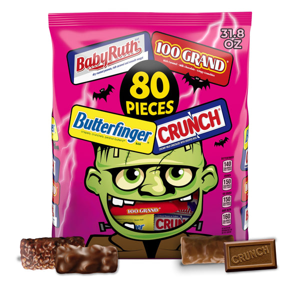 Image 1 of Butterfinger, CRUNCH, Baby Ruth, 100 Grand Mini and Fun Size Assorted Candy Bars, Bulk 80 Count Pack, 32.1 oz