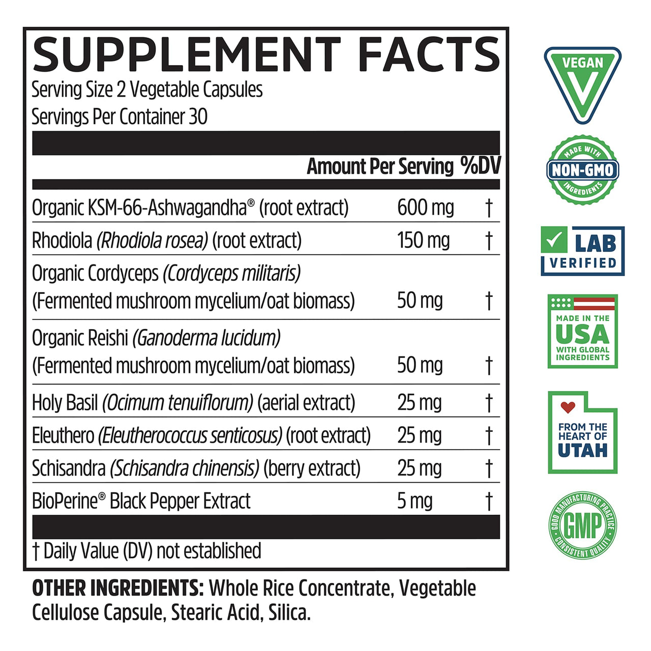Zhou Nutrition Ashwagandha Capsules, Mood Enhancer, Energy Boost, Blend of Rhodiola, Holy Basil, Cordyceps, Reishi & Ashwagandha Supplement, 30 Servings, 60 Capsules