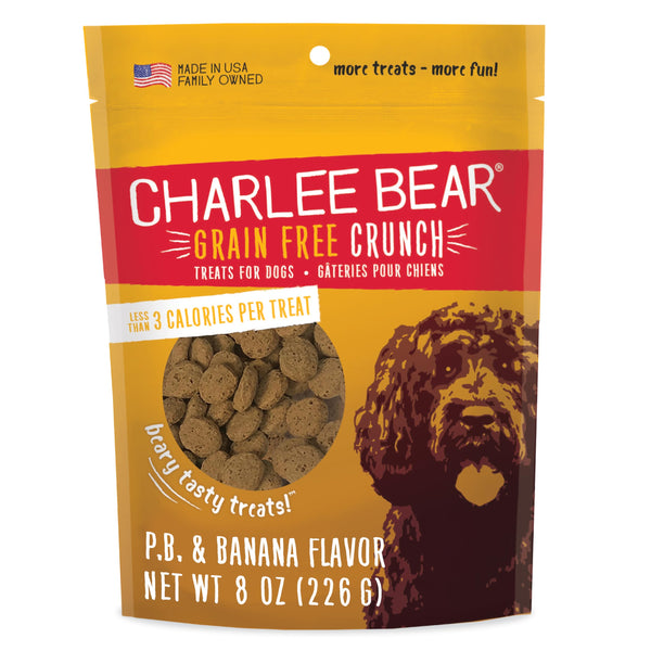 Charlee Bear Crunch Grain Free Dog Treats, Peanut Butter and Banana, 8 Ounce Resealable Bag, Low Calorie Training Treats for Dogs, Limited Ingredient, Healthy, Crunchy Dog Snacks, Made in USA