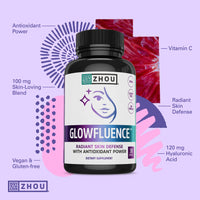 Thumbnail for Zhou Glowfluence - Hyaluronic Acid Supplement with Vitamin C and Antioxidants, Glowing Skin and Hydration Support, Hyaluronic Acid Pills for Women and Men, Pure Formula - 30 Vegetarian Capsules