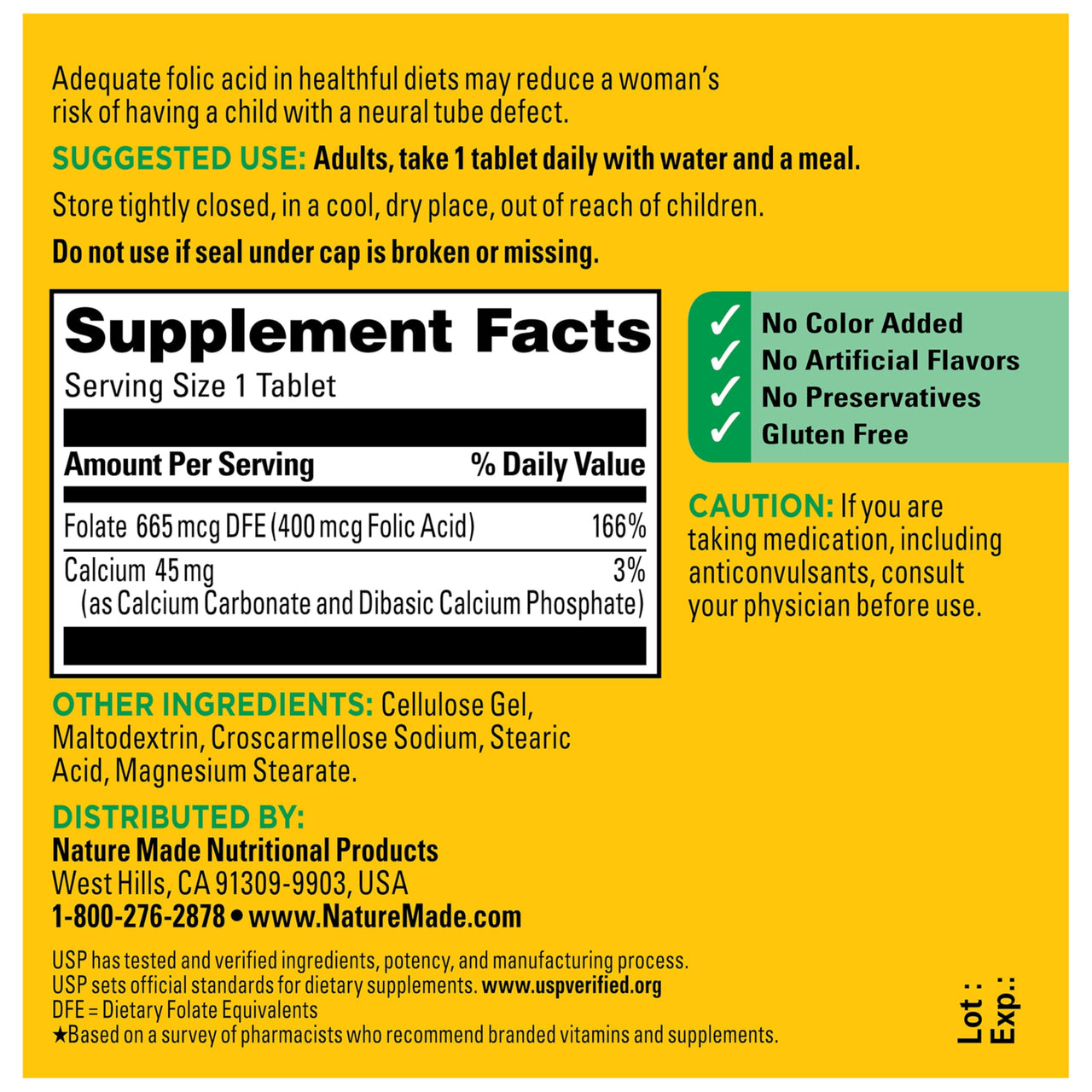 Nature Made Folic Acid 400 mcg (665 mcg DFE) Dietary Supplement for Nervous System Function, Folic Acid Supplements for Women and Men, 250 Tablets, 250 Day Supply