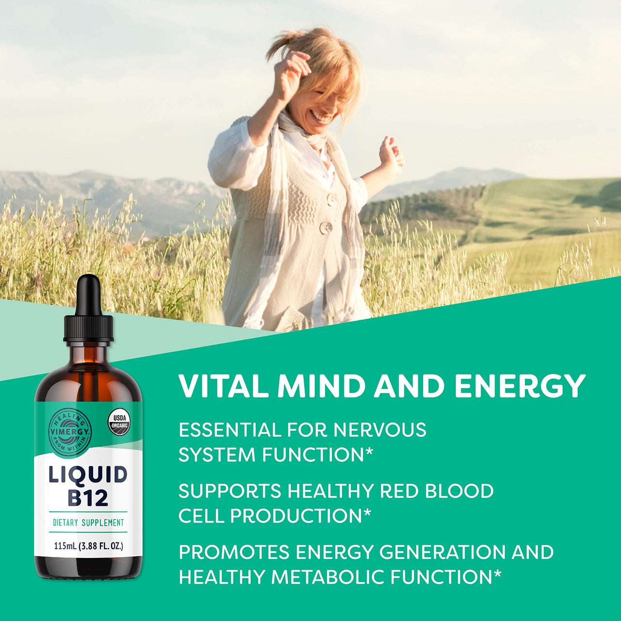 Vimergy USDA Organic Liquid Vitamin B12 Supplement 2500 mcg, Methylcobalamin & Adenosylcobalamin Fast-Absorbing Energy Support, Vegan, Non-GMO B12 Vitamins for Women & Men 115 Serving (115 mL)