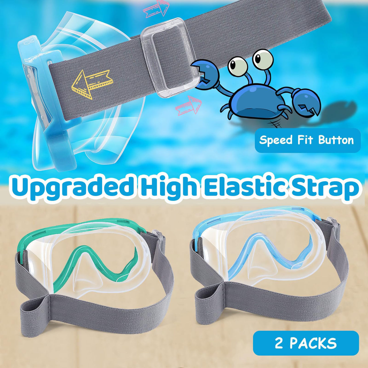 Vvinca Swim-Goggles with Nose Cover, 2 Packs Elastic Fabric Strap Snorkel Swim Mask Anti Fog UV No Pull Hair for Kids 3-14