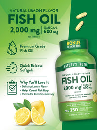 Thumbnail for Nature's Truth Fish Oil 2000 mg | 600 mg Omega 3 | 250 Softgels | Natural Lemon Flavor | Non-GMO and Gluten Free Supplement