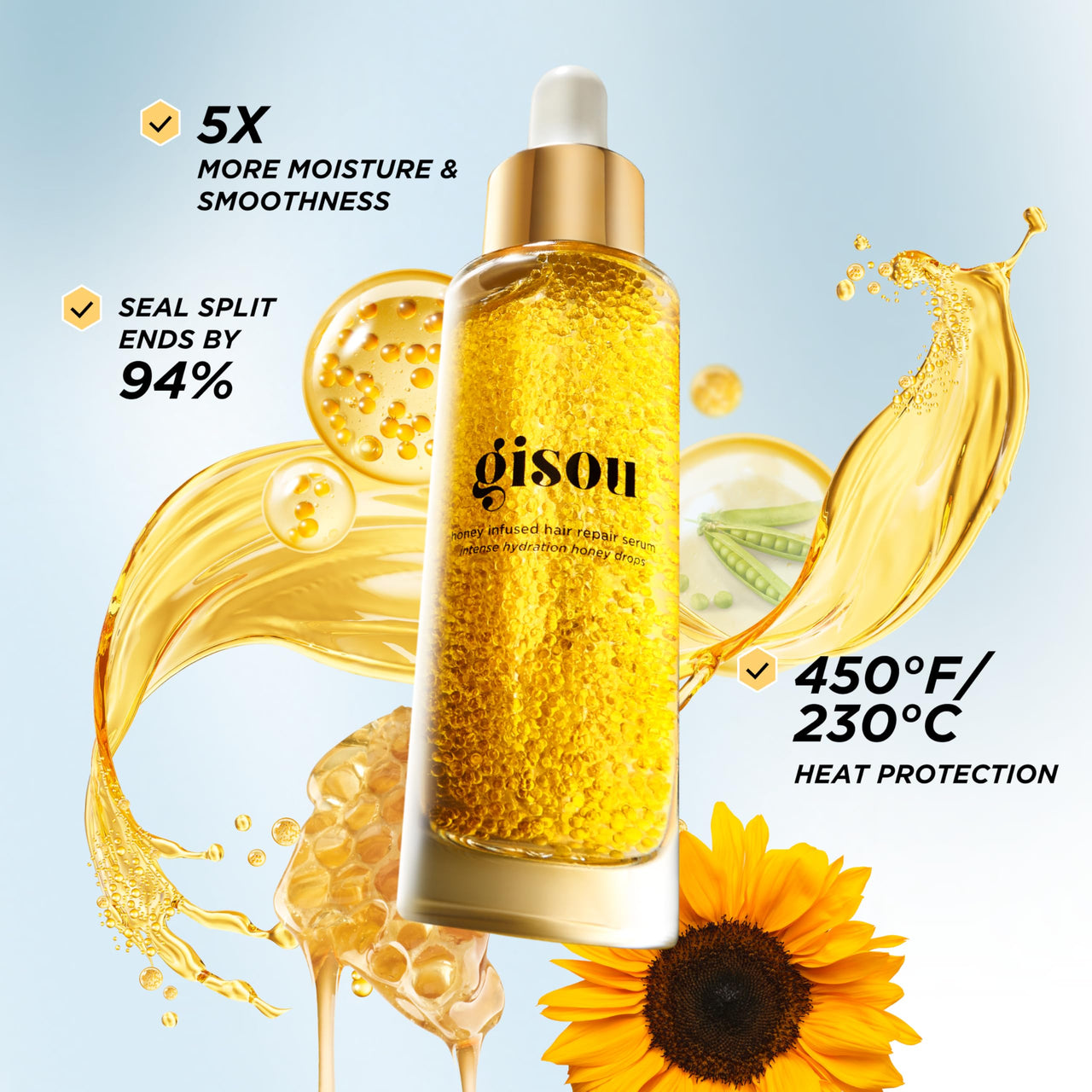Gisou Honey Infused Hair Repair Serum – Strengthens & Seals Split Ends with Mirsalehi Honey & Plant-Based Keratin, Heat & UV Protection, 1 Fl Oz