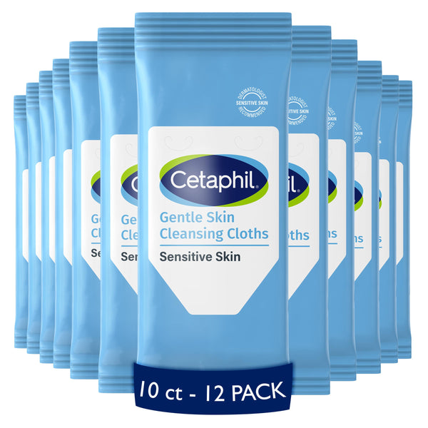 Cetaphil Face And Body Wipes, Gentle Skin Cleansing Cloths, For Dry, Sensitive Skin, Flip Top Closure, Great For The Gym, Travel, In The Car, Hypoallergenic, Fragrance Free, 10 Count (Pack of 12)