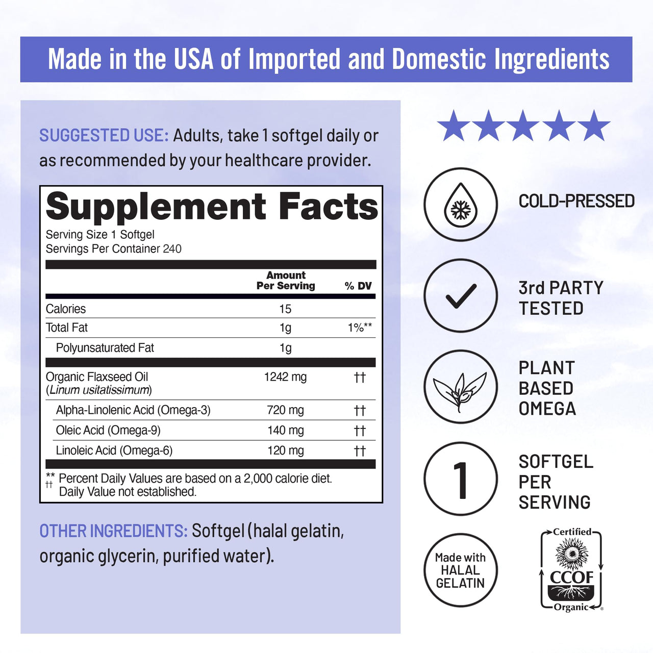 NatureWise Flaxseed Oil 1,242 mg, Fish Free Omega 3 6 9 with 720mg ALA, Dietary Supplement for Heart Health Support - Organic, Cold Pressed, Non-GMO - 240 Softgels[8-Month Supply]