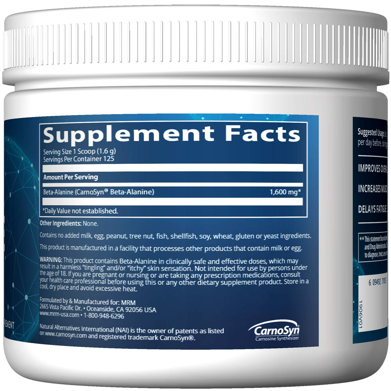MRM Nutrition Beta-Alanine Powder - Carnosyn® Patented Beta-Alanine Supports Srength, Focus, Muscle Growth & Endurance for Women & Men, Vegan, Gluten-Free - 125 Servings