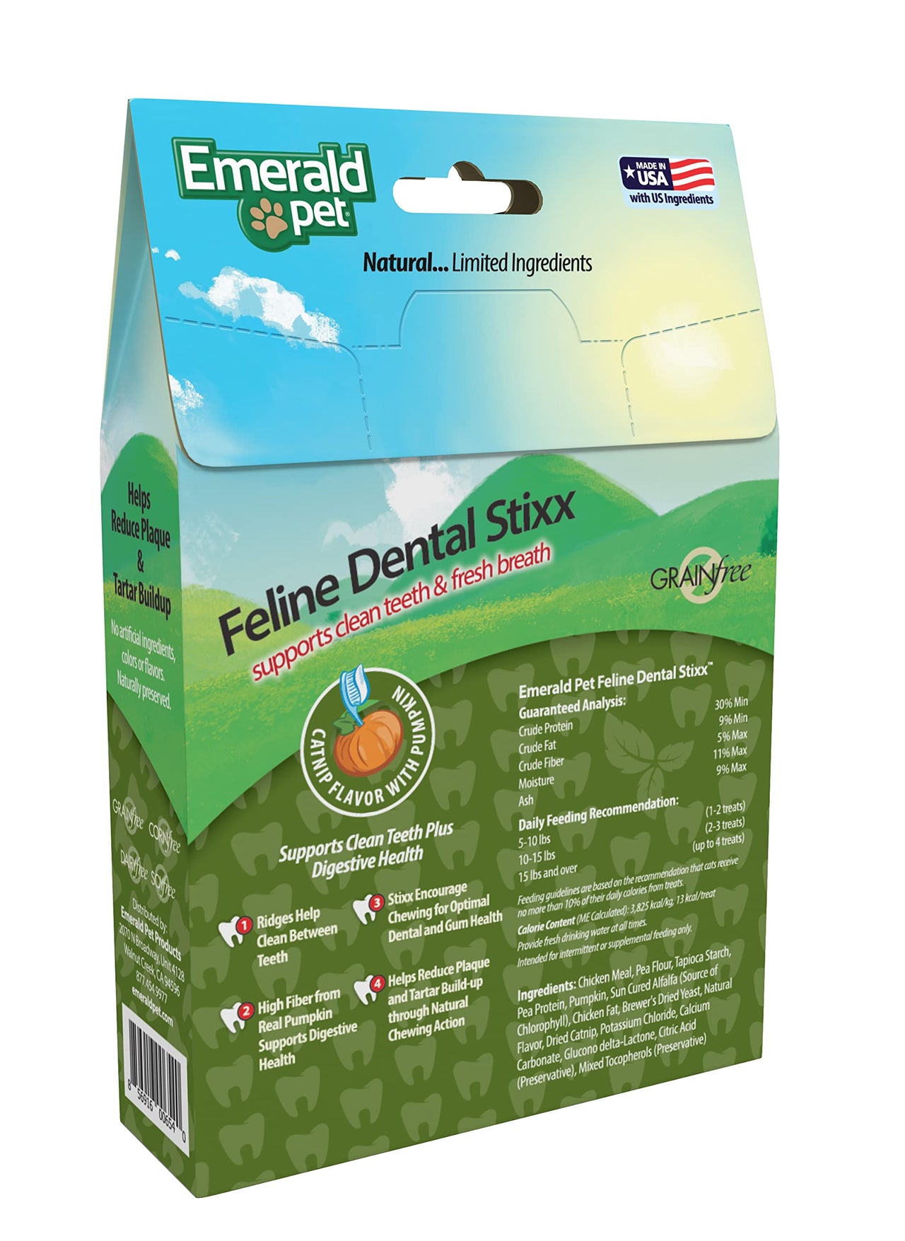 Emerald Pet Feline Dental Stixx — Tasty and Crunchy Cat Sticks with Pumpkin for Digestive Health — Natural Grain Free Treats for Clean Cat Teeth and Fresh Breath — Catnip, 3.6 oz