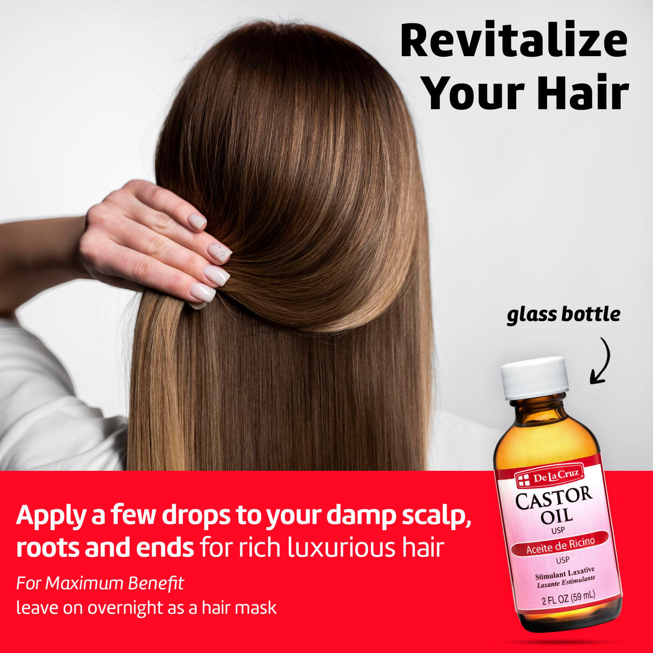 De La Cruz Castor Oil - 100% Pure Expeller Pressed Castor Oil for Nourishing Skin, Hair, Eyelashes, and Eyebrows - Natural Laxative USP Grade, 2 FL Oz (6 Bottles)