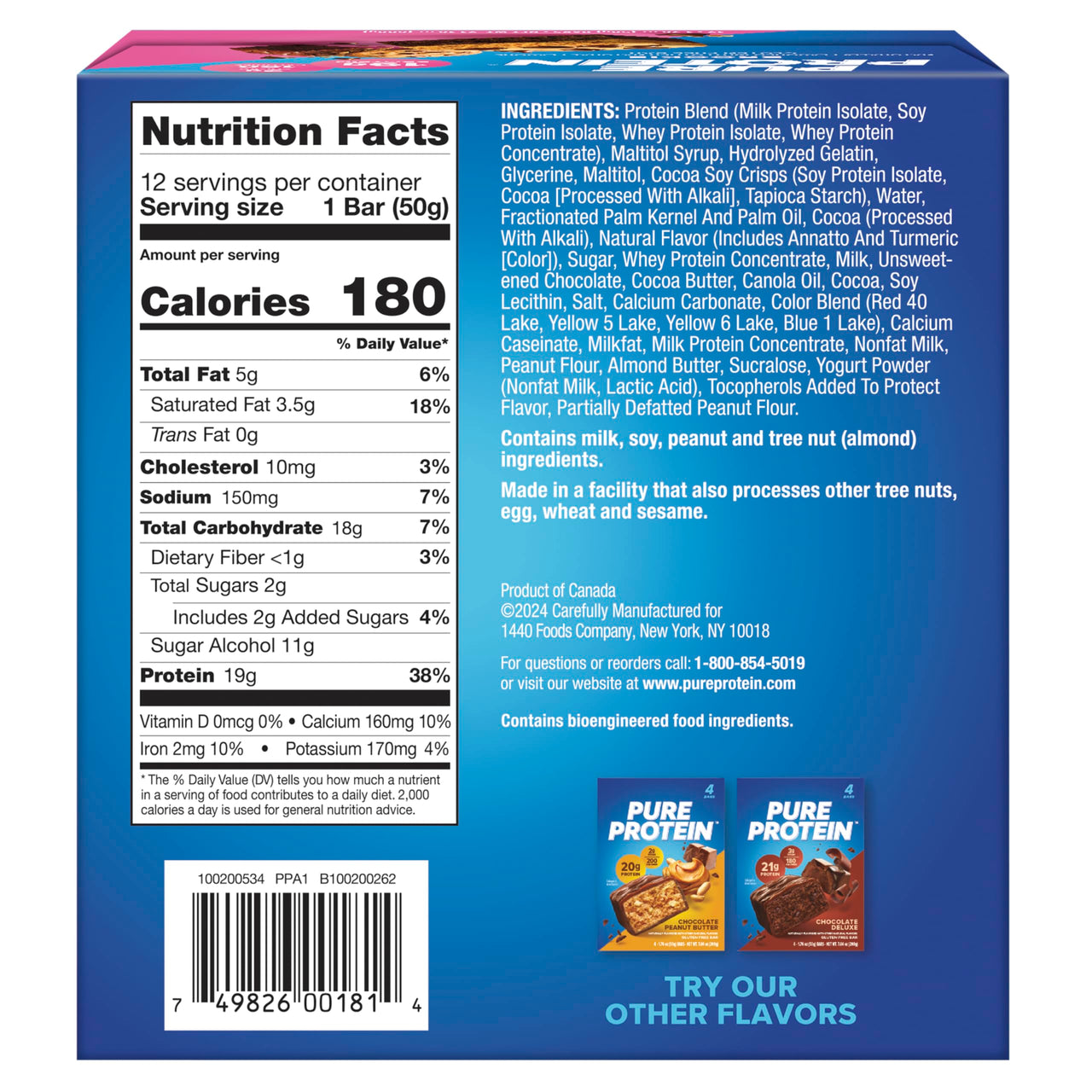 Pure Protein Brookie Protein Bars – 20g Protein, 3g Sugar, 190 Calories (12 count) Low Sugar* High Protein Snack - Gluten Free - Perfect for a Healthy Snack