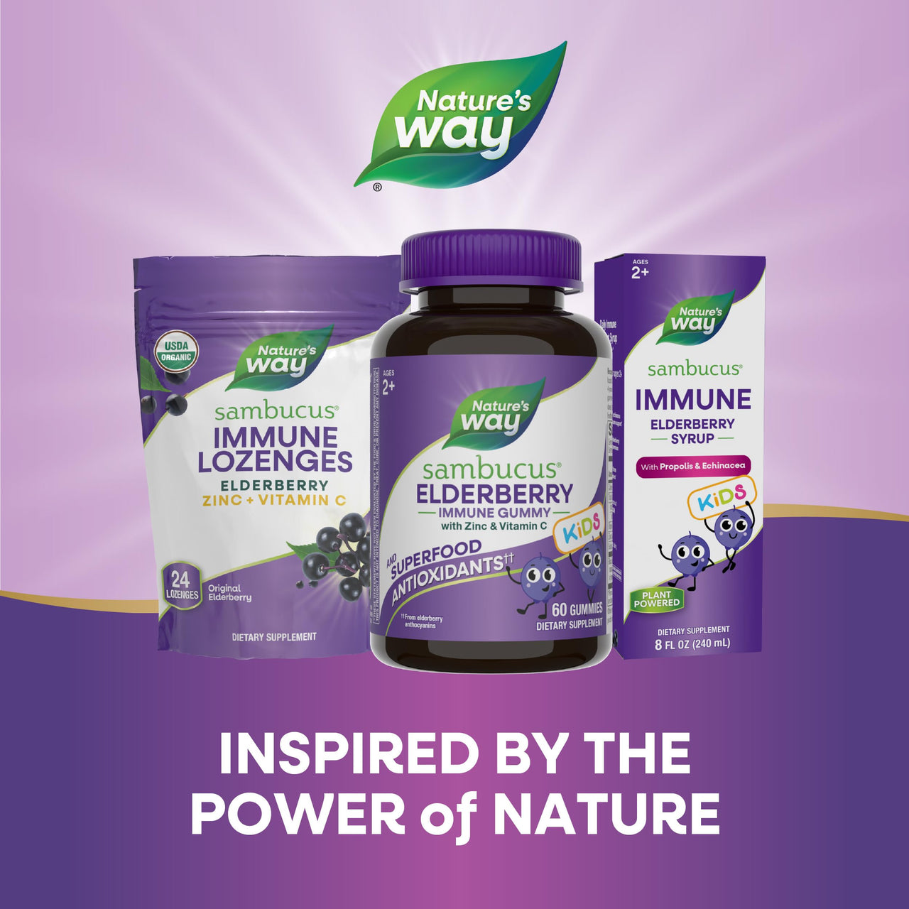 Nature’s Way Sambucus Kids Elderberry Immune Gummies with Black Elderberry Extract, Daily Immune Support Gummy with Vitamin C and Zinc for Children Ages 2+*, 60 Gummies