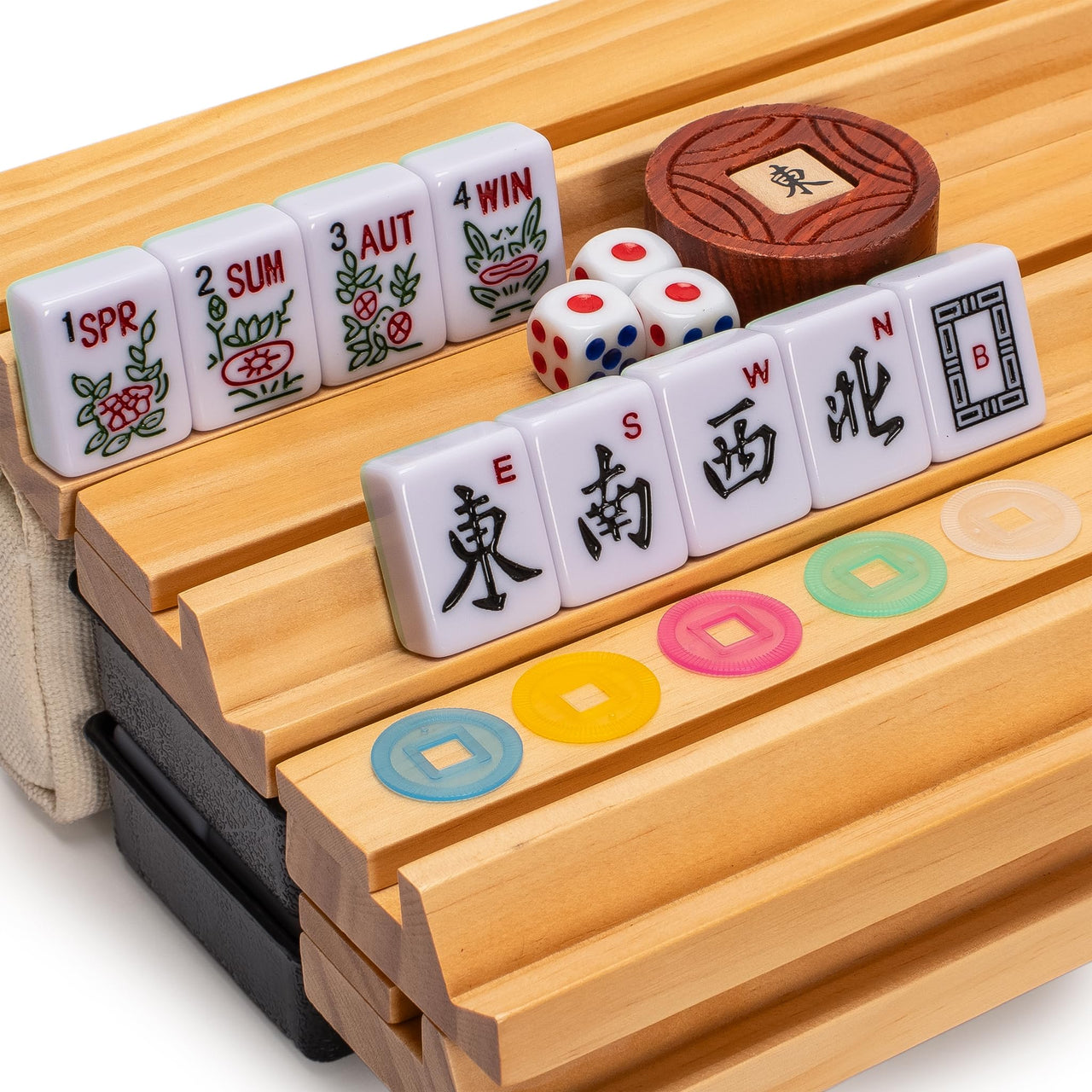 Yellow Mountain Imports American Mahjong Set, “Jade Horizon” – 166 Tiles with Wooden Racks & Pushers, Wright Patterson Scoring Coins, Dice, Wind Indicator, and Soft Beige Case