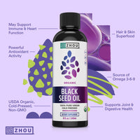 Thumbnail for Zhou Organic Black Seed Oil - Black Cumin Seed Oil Cold Pressed, Nigella Sativa, Pure Unrefined Blackseed Liquid, Premium Supplement for Health with Thymoquinone, Omega 3 6 9 - 8 Fl Oz (Pack of 1)