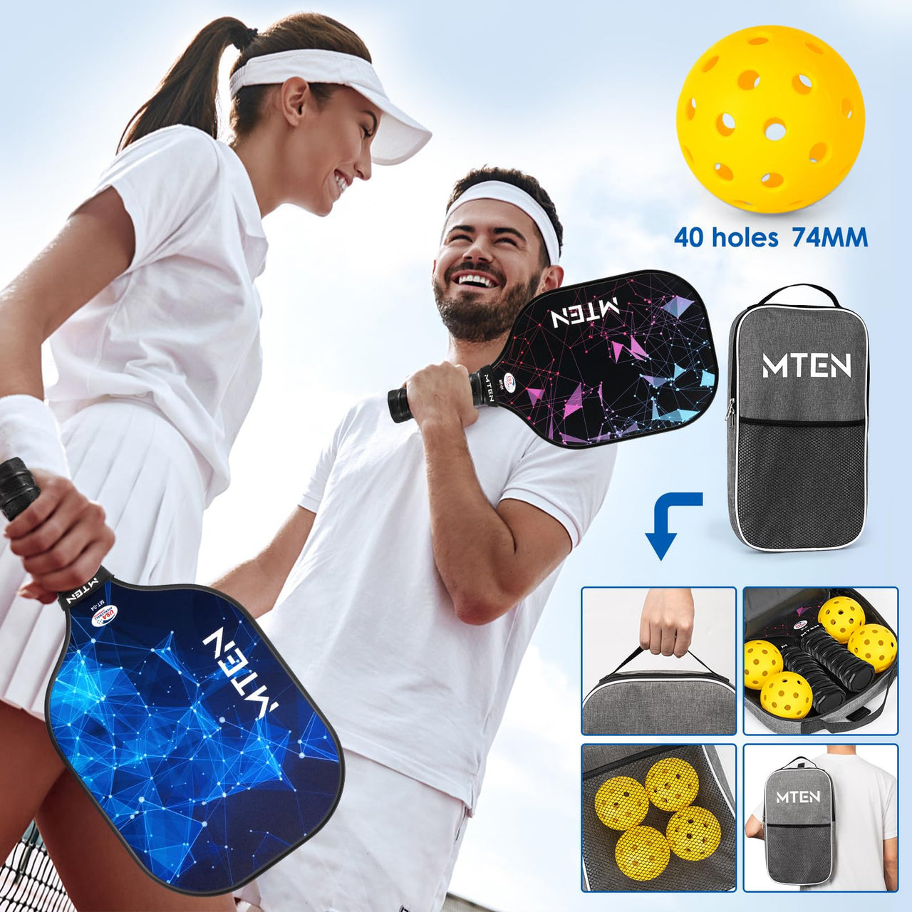 Pickleball Paddles, USAPA Approved Pickleball Paddles Set of 2, Fiberglass Surface Pickleball Set, 2Pickleball Rackets, 4 Pickleball Balls, 2Grip Tapes & Carry Bag for Men Women