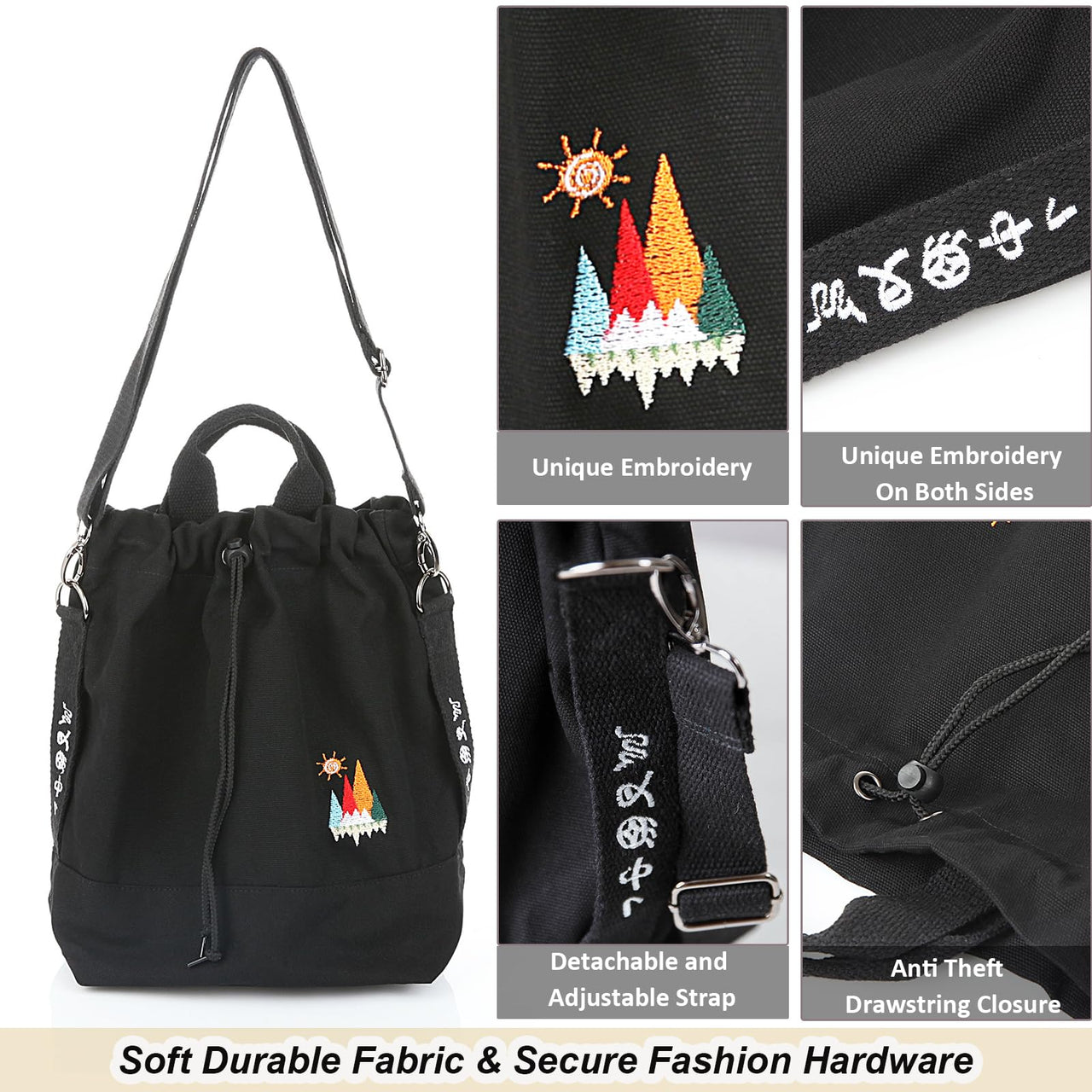 Women Canvas Tote Handbags Casual Shoulder Work Bag Crossbody Bag with Sunshine Embroidery (Black)