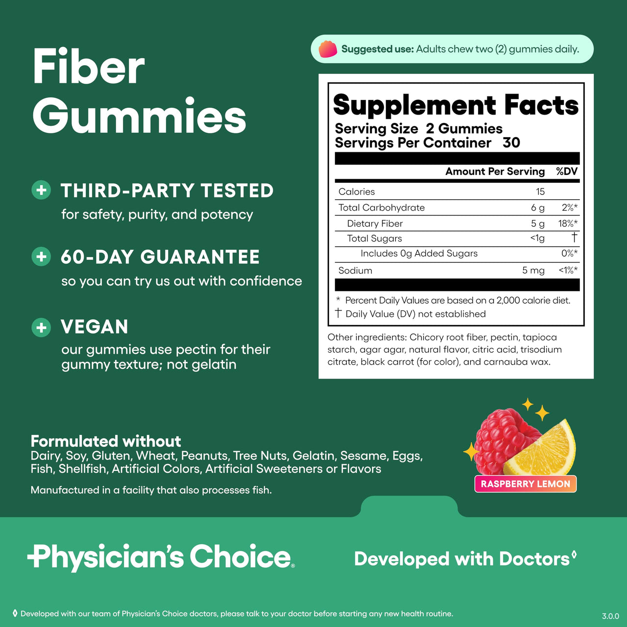 Physician's CHOICE Fiber Gummies for GLP-1 Support - No Sugar Added & Vegan - Raspberry Lemon - Natural Chicory Root Prebiotic Fiber Gummy - Digestive Health & Regularity for Women & Men - 60CT