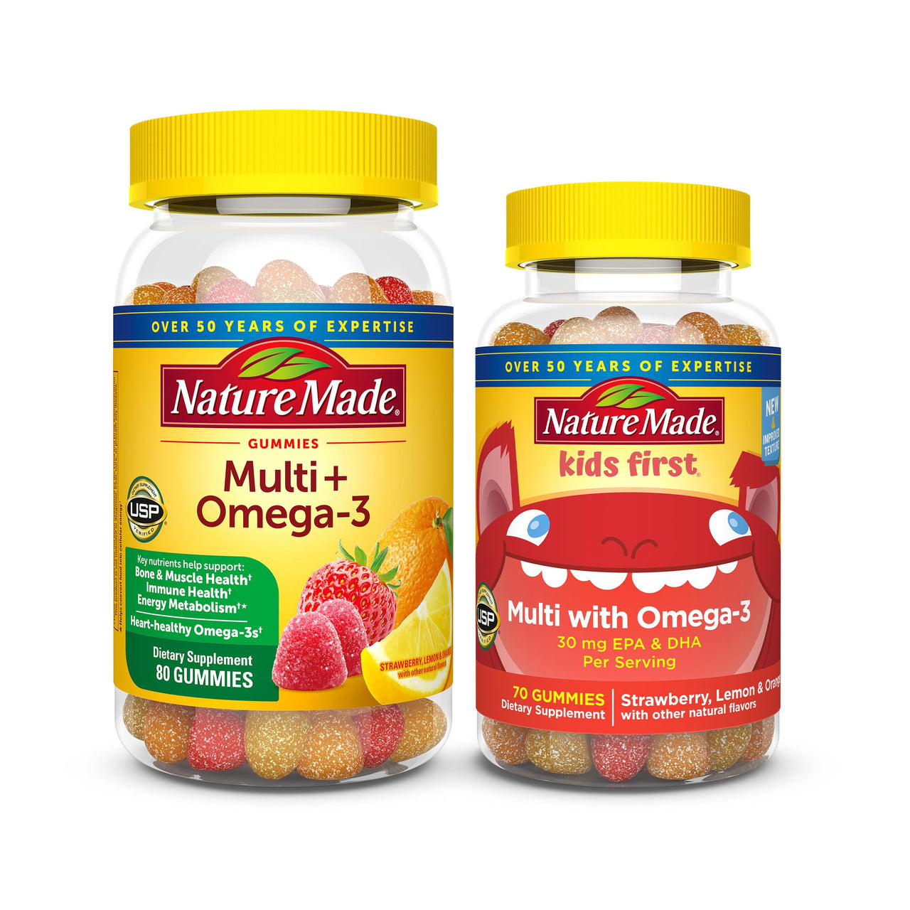 Nature Made Adult & Kids Multivitamin Gummies Combo Pack, Multis with Vitamin C, Vitamin D3, B Vitamins, Zinc, Omega 3 Fish Oil & More, Two Multivitamin Bottles for Whole Family