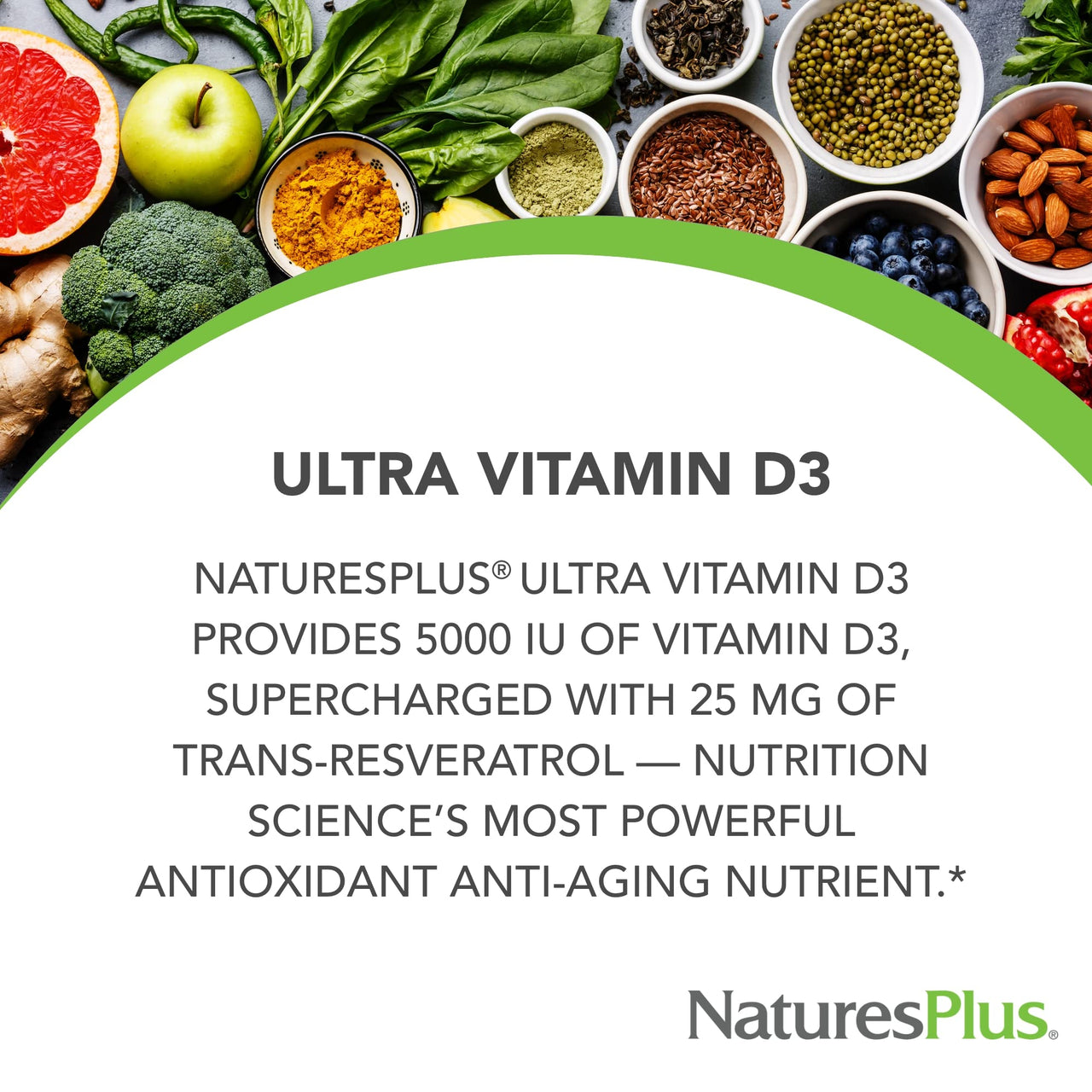 NaturesPlus Vitamin D3, Extended Release - 90 Vegan Tablets - 5000 IU + 25 mg Trans-Resveratrol - Heart & Bone Health, Immune System Support, Anti-Aging - Gluten Free - 90 Servings