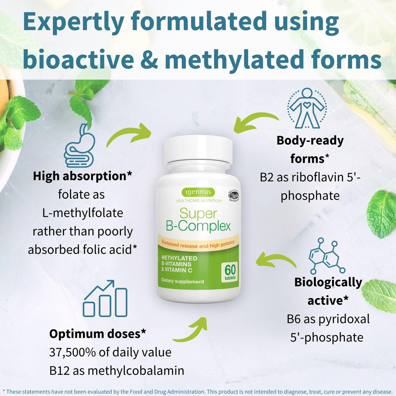 Igennus Super B-Complex Methylated B-Vitamins, MTHFR Supplement with Methylfolate & B12 Methylcobalamin, High Bioavailability & Potency, Vegan, Lab Verified, 180 Small Tablets