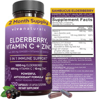 Thumbnail for Viva Naturals Elderberry with Vitamin C and Zinc for Adults - 5 in 1 Sambucus Black Elderberry Capsules with Vitamin D3 5000 IU Immunity Supplement, Sambucus Elderberry Immune Support Supplement