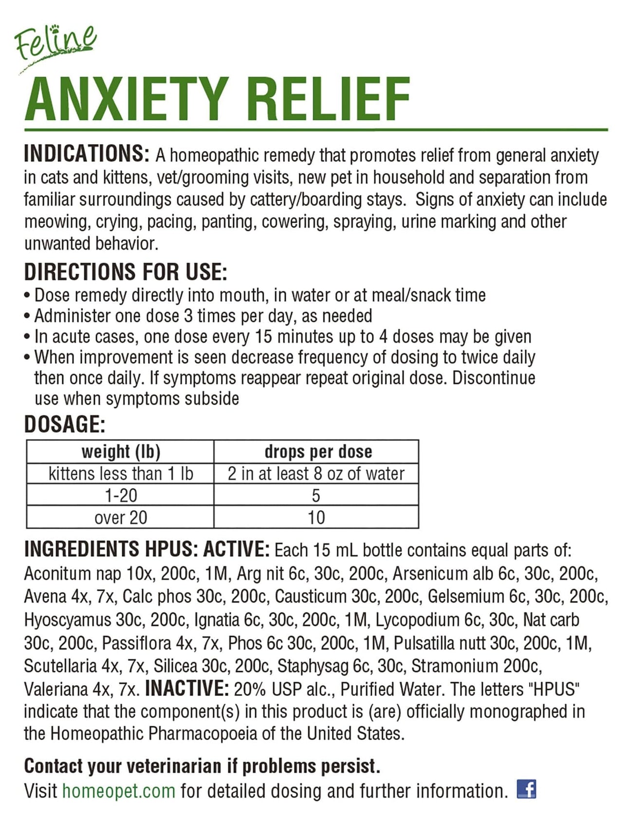 HomeoPet Feline Anxiety Relief, Natural Stress and Anxiety Support, Anxiety Supplement for Cats, 15 Milliliters
