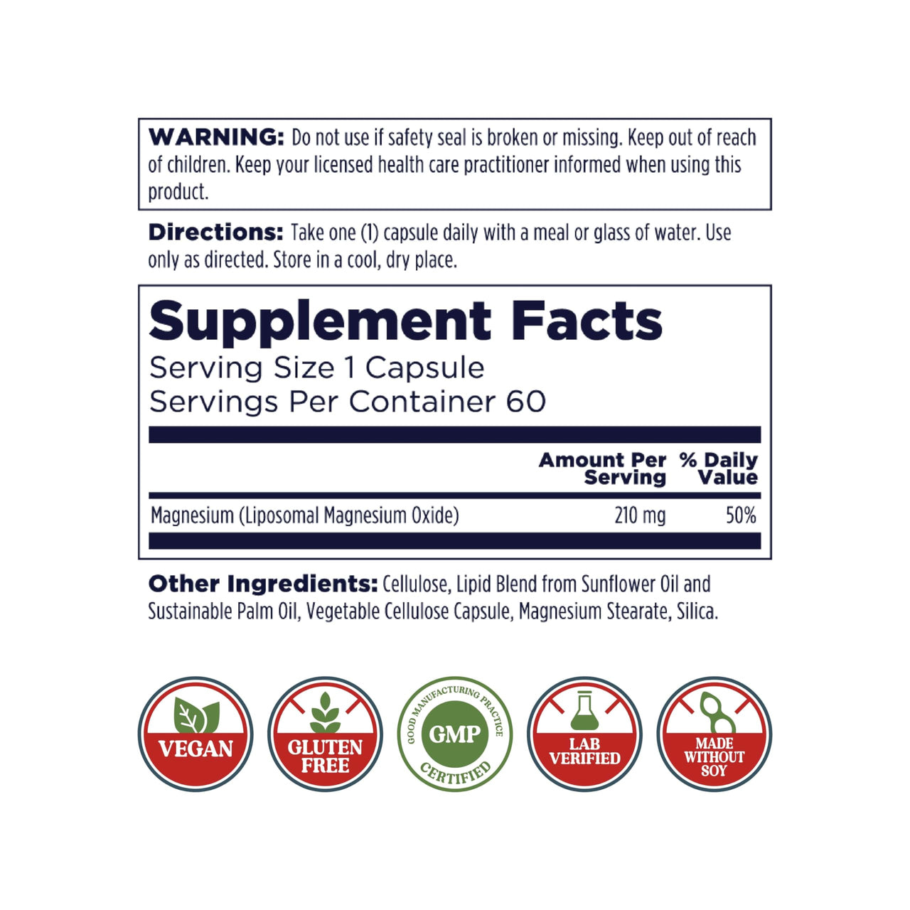 KAL Liposomal Magnesium Oxide 210 mg High Absorption, Liposomal Technology, Essentials Muscle Support, Advanced Formula, Vegan Capsules, Gluten Free, No Soy, 60 Servings