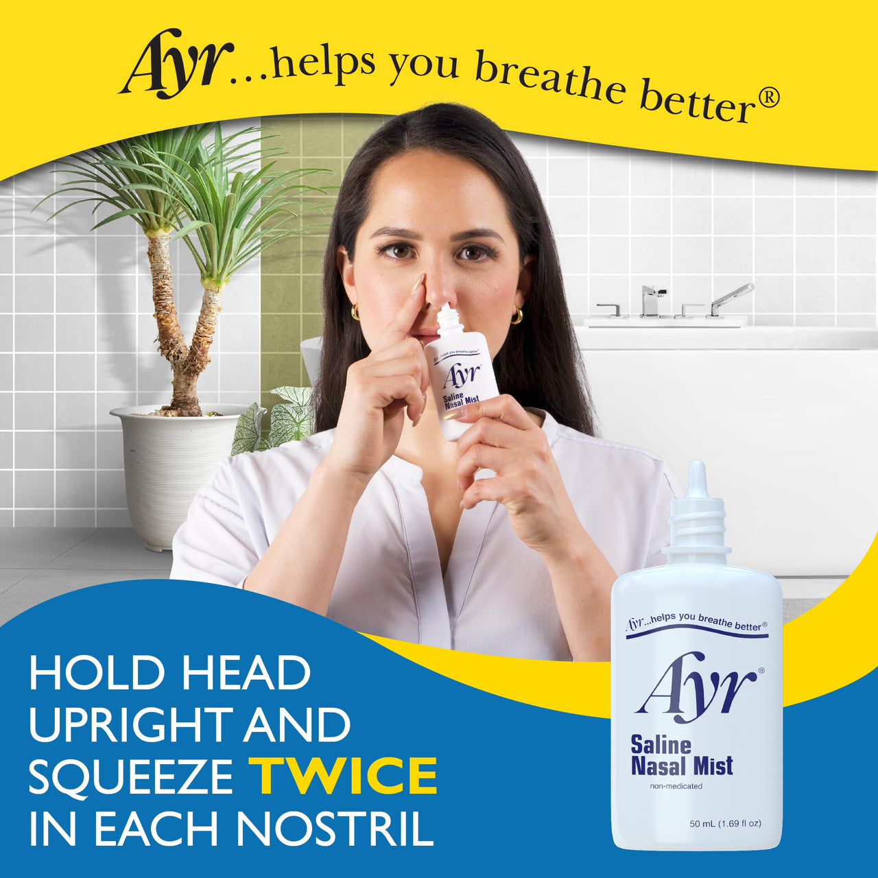 Ayr Saline Nasal Mist Spray 50 mL â€“ Non Medicated Nasal Moisturizer for Dry Nasal Passages Cold and Allergy Relief (Pack of 2)