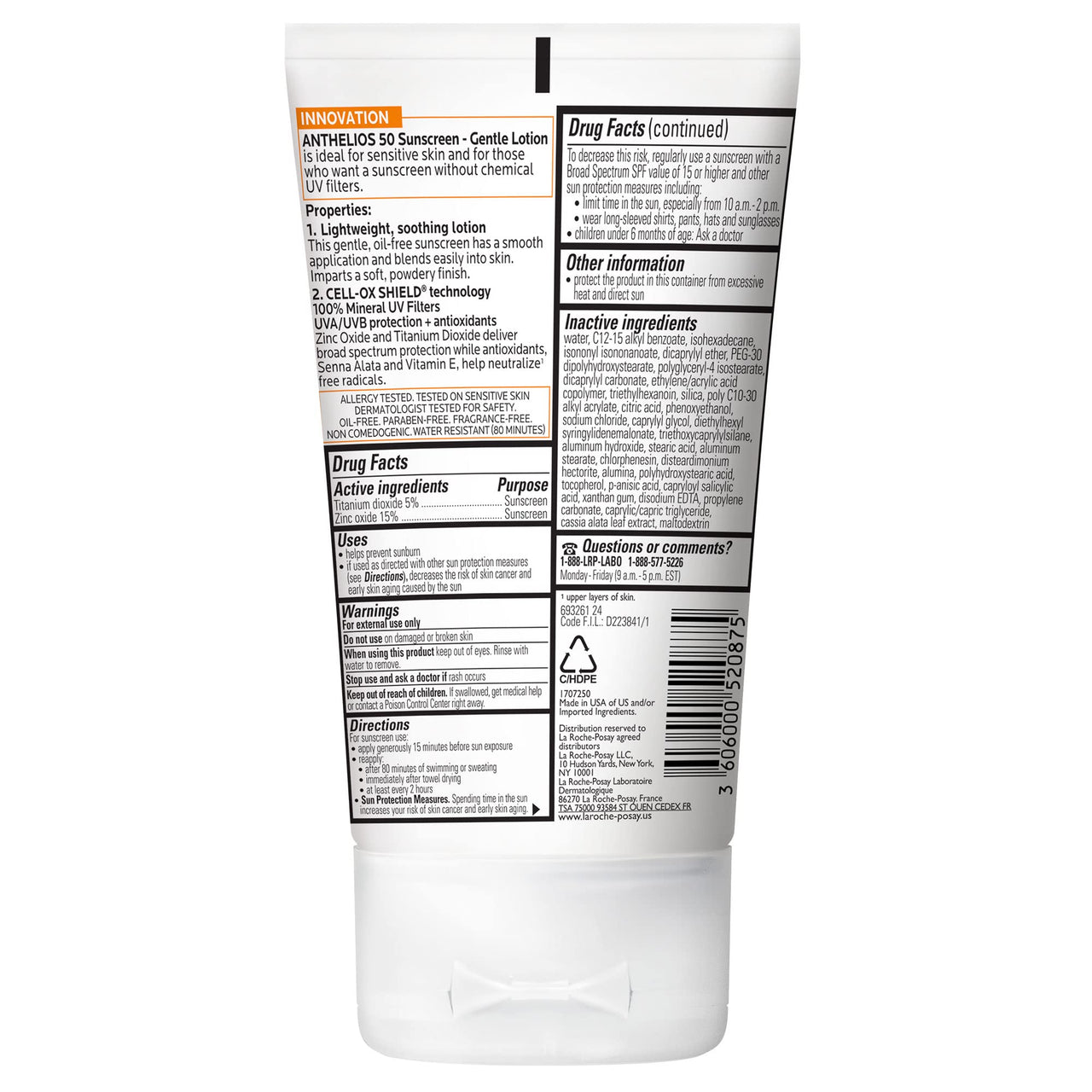 La Roche-Posay Anthelios Mineral Sunscreen SPF 50 Gentle Lotion, Broad Spectrum SPF + Antioxidants, Face & Body Sunscreen, Titanium Dioxide & Zinc Oxide, Oxybenzone Free, Oil Free