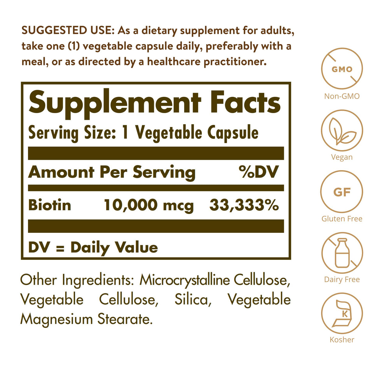 Solgar Biotin 10000 mcg Vegetable Capsules Energy Metabolism Promotes Healthy Skin Nails Hair Super High Potency NonGMO Vegan Gluten Free Dairy Free Kosher Servings, Standard Packaging, Unflavored, 120 Count