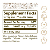 Thumbnail for Solgar Biotin 10,000 mcg, 60 Vegetable Capsules - Energy, Metabolism, Promotes Healthy Skin, Nails & Hair - Super High Potency - Non-GMO, Vegan, Gluten Free, Dairy Free, Kosher - 60 Servings