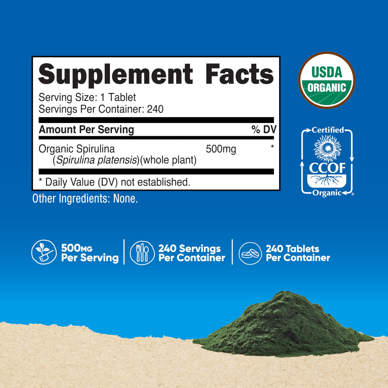 Nutricost Organic Spirulina 500mg, 240 Tablets - Gluten Free, Non-GMO