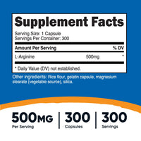 Thumbnail for Nutricost L-Arginine 500mg, 300 Capsules - Gluten Free and Non-GMO