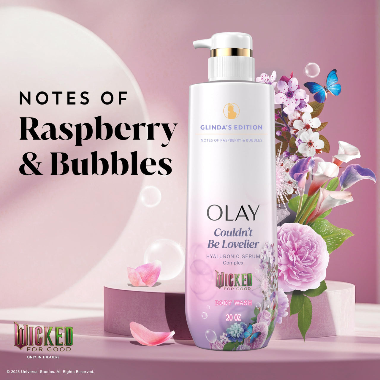 Olay Body Wash for Women, Couldn't Be Lovelier Glinda's Edition, Intensely Hydrating & Renewing, Pro-Hyaluronic Acid Serum with Vitamin B3, For All Skin Types, Raspberry & Bubbles Scent, 20 fl oz