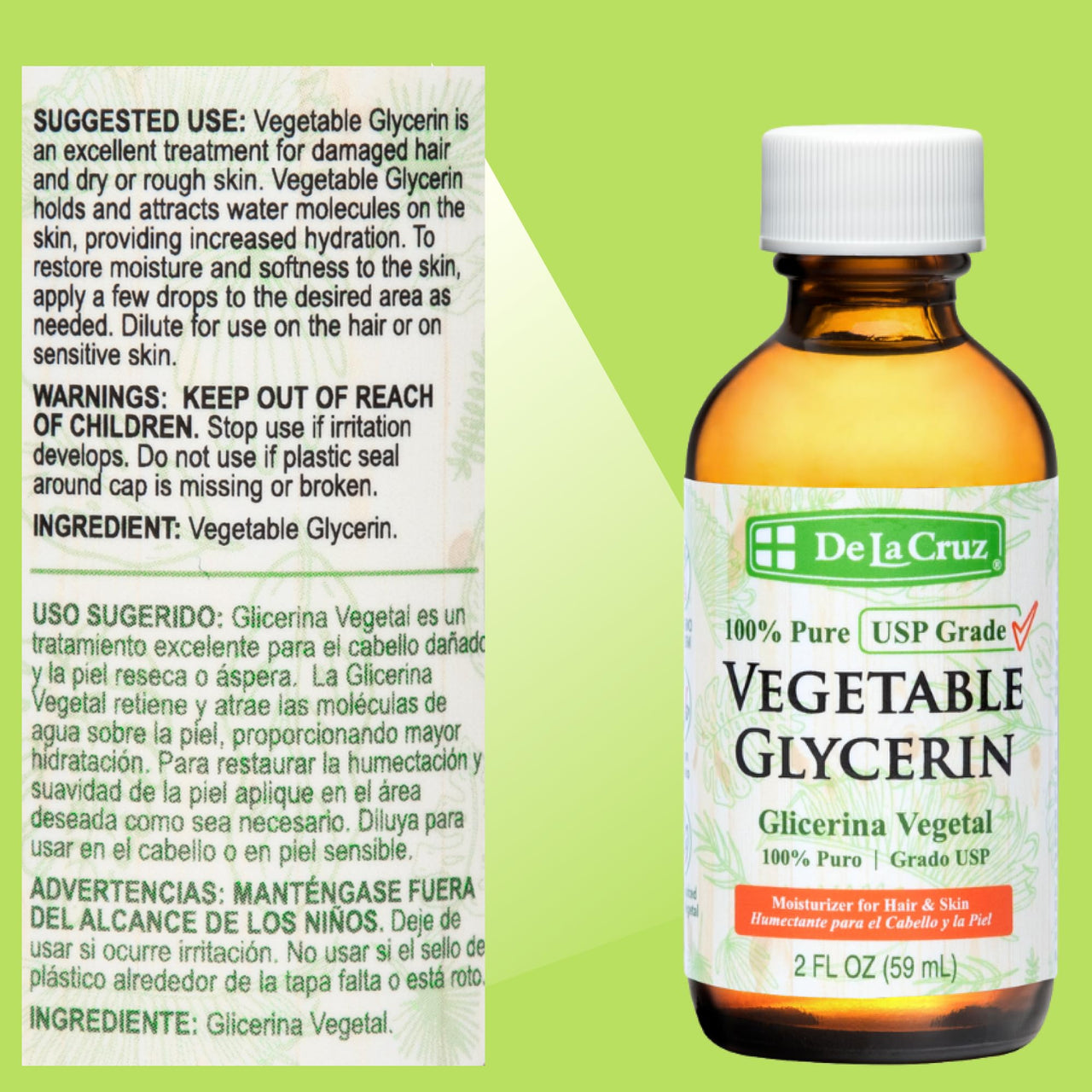 De La Cruz Vegetable Glycerin, Glass Bottle, 100% Pure Liquid Glycerine USP Grade for Hair, Skin and DIY Projects, 2 FL. OZ.
