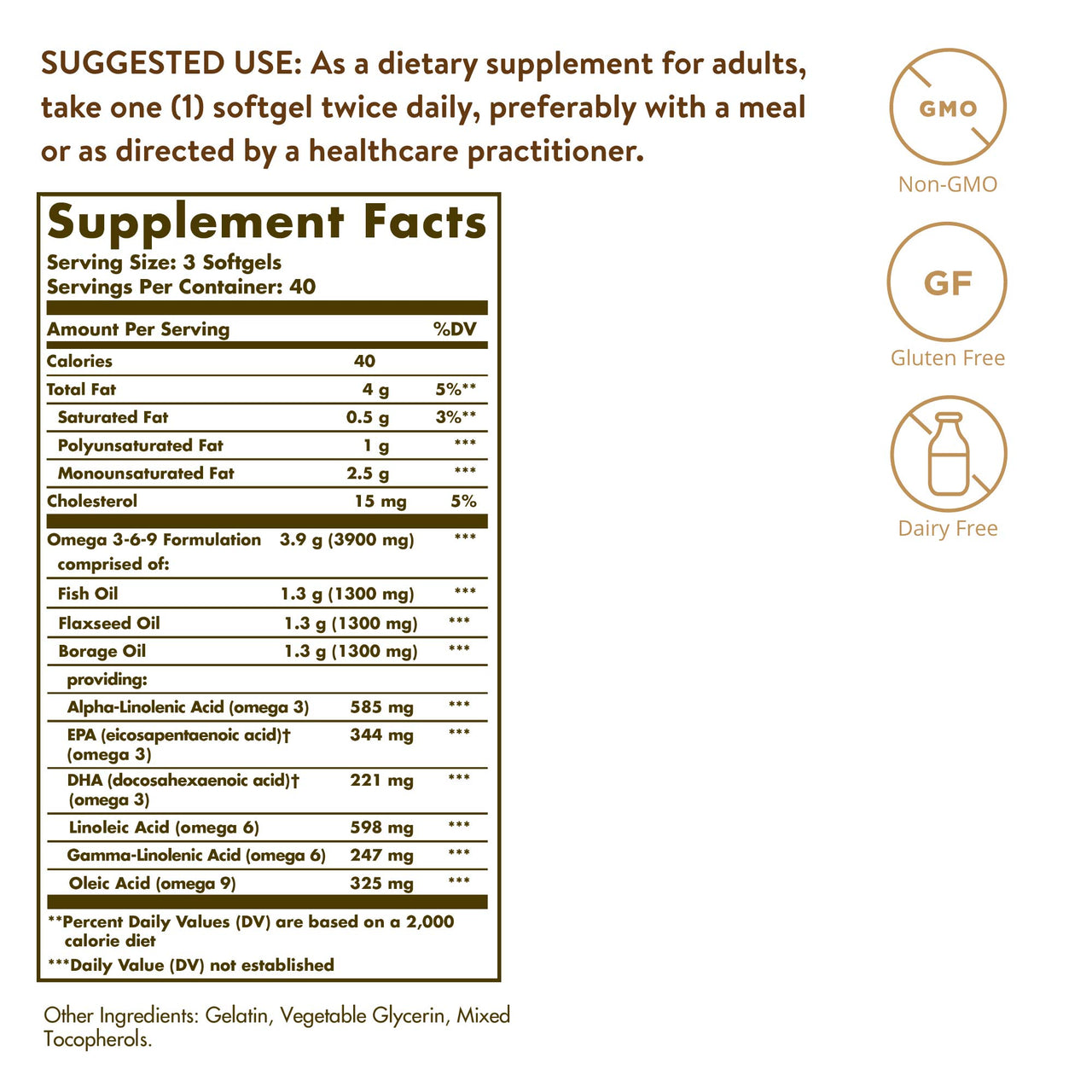 Solgar 1300 mg Omega 3-6-9, 120 Softgels - Fish Oil Supplement - Support for Joint & Skin Health - Includes Flaxseed & Borage - Contains EPA & DHA Omega 3 Fatty Acids - 40 Servings